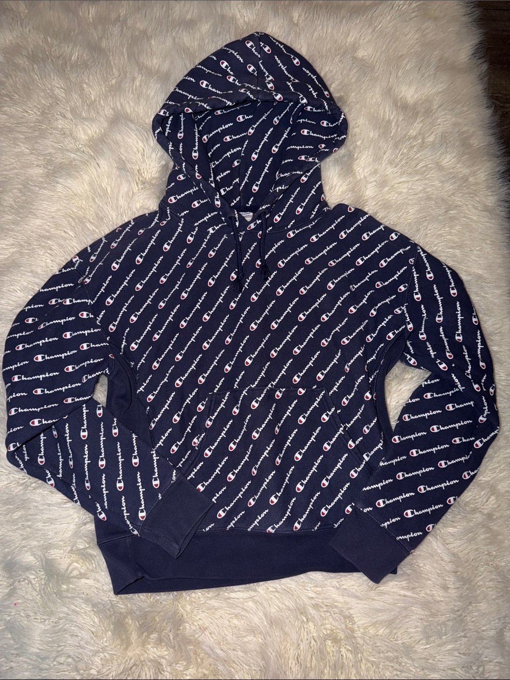 Champion Navy All-Over Logo Reverse Weave Crewneck Hoodie